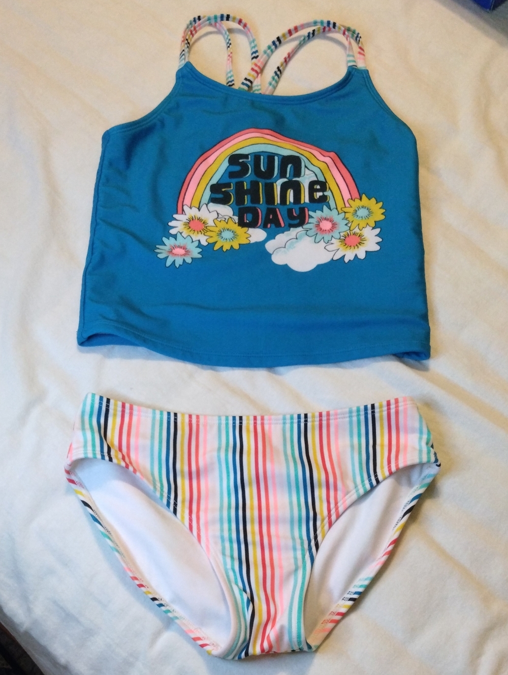 Cat & Jack Blue 'Sunshine Day' Tankini with Rainbow Striped Bottoms